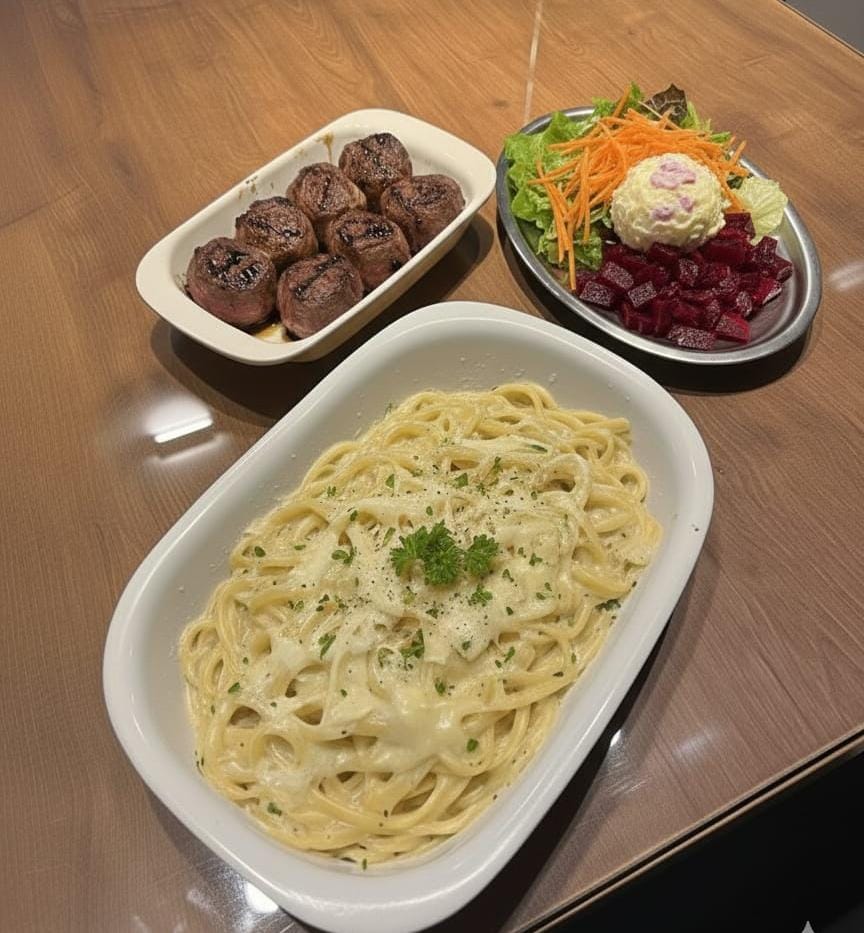 FILÉ MIGNON COM ESPAGUETE 4 QUEIJOS ( 2 PESSOAS )